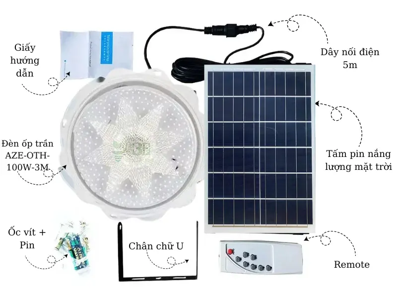 Cấu tạo của đèn năng lượng mặt trời ốp trần trong nhà 100W AZE-OTH-100W-3M