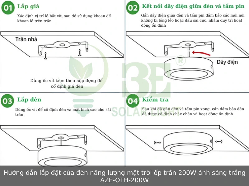 Hướng dẫn lắp đặt đèn năng lượng mặt trời ốp trần 200W ánh sáng trắng AZE-OTH-200W
