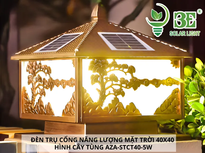 3E SOLAR - Đèn trụ cổng năng lượng mặt trời 40x40 hình cây tùng AZA-STCT40-5W