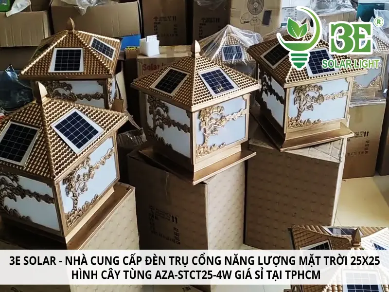 3E SOLAR - Nhà cung cấp đèn trụ cổng năng lượng mặt trời 25x25 hình cây tùng AZA-STCT25-4W giá sỉ tại TPHCM