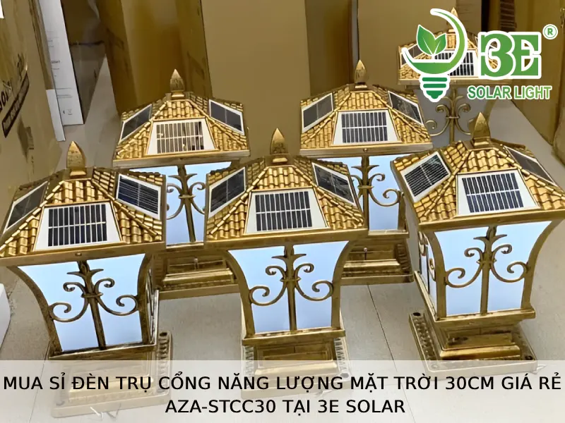 Mua sỉ đèn trụ cổng năng lượng mặt trời 30cm giá rẻ AZA-STCC30 tại 3E SOLAR