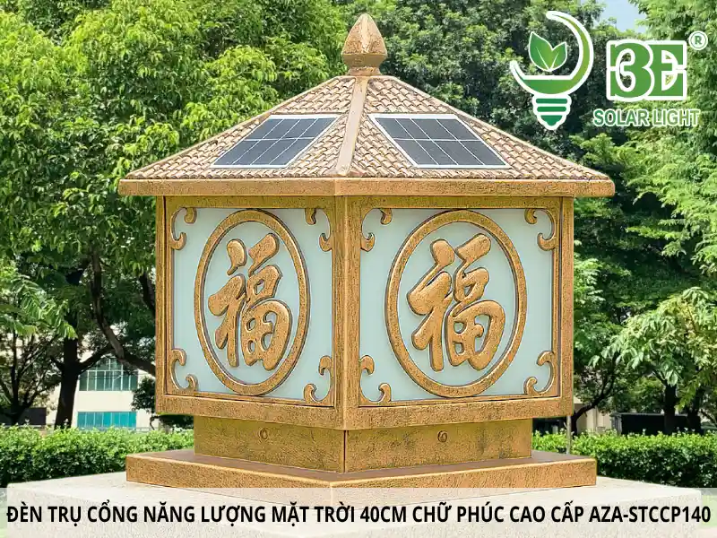 Đèn trụ cổng năng lượng mặt trời 40cm chữ phúc cao cấp AZA-STCCP140