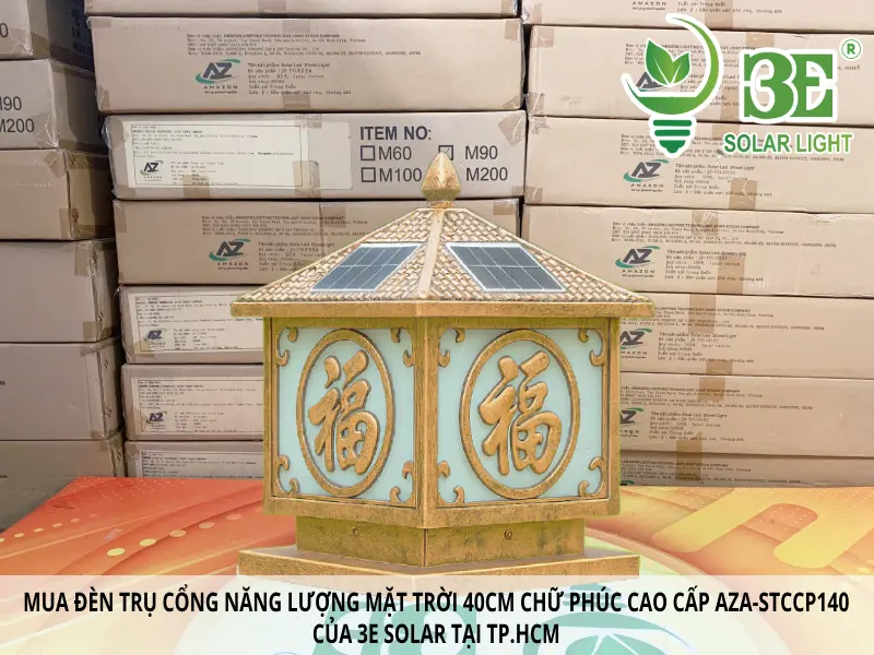 Mua đèn trụ cổng năng lượng mặt trời 40cm chữ phúc cao cấp AZA-STCCP140 của 3E SOLAR tại TP.HCM