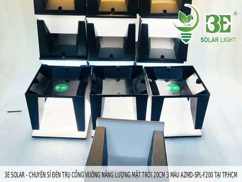 3E Solar - Chuyên sỉ đèn trụ cổng vuông năng lượng mặt trời 20cm 3 màu AZMD-SPL-F200 tại TP.HCM