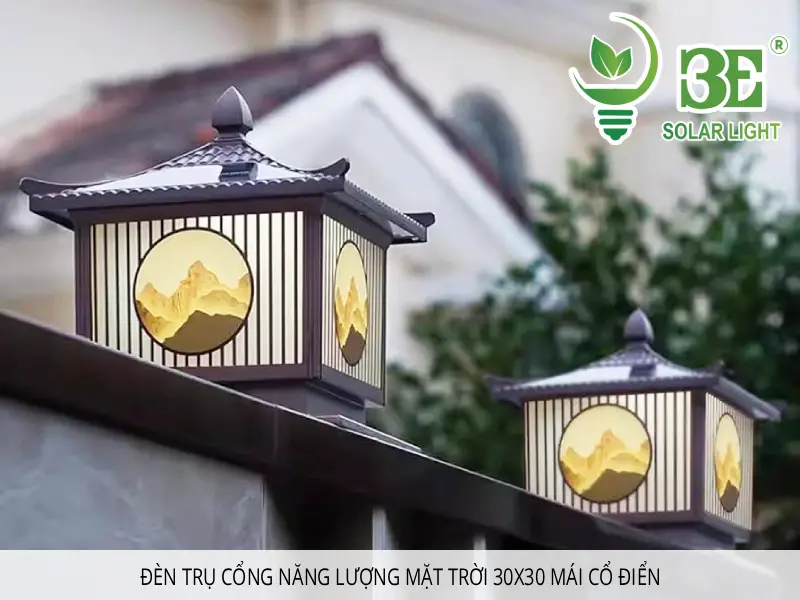 đèn trụ cổng năng lượng mặt trời 30x30 mái cổ điển