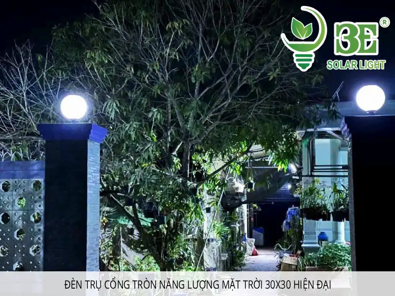 đèn trụ cổng tròn năng lượng mặt trời 30x30 hiện đại