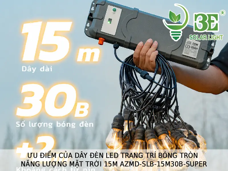 Dây đèn led trang trí bóng tròn năng lượng mặt trời 15m 30 bóng